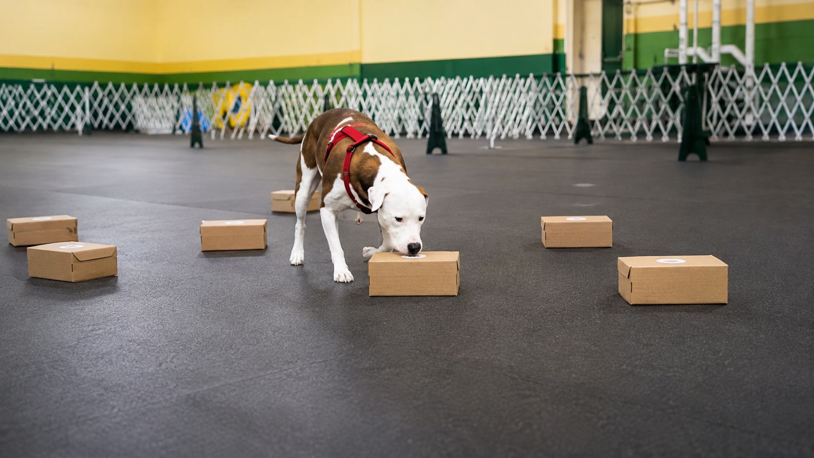 Dog with a red harness searching scent boxes on the training floor at IPOC
